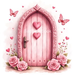Op de afbeelding: Een roze sprookjesdeur met hartvormige accenten en een decoratief frame. Twee roze vlinders en verschillende roze harten zijn rond de deur verspreid. Roze rozen en groen zijn aan de basis. De tekst "BedTimeBook" staat op de deur.