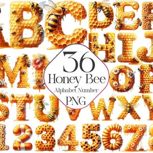 36 Honey Bee Alphabet Clipart Bundle PNG | Cute Bee Letters for Invitations, Nursery Decor, Scrapbooking, Crafts V23