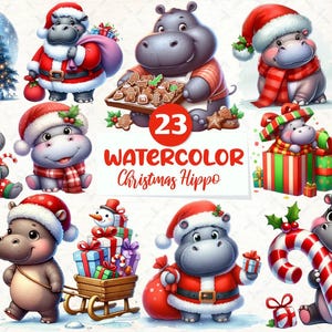 23 かわいいクリスマスカバ PNG バンドル | マグカップ、シャツ、ステッカー、昇華転写、ジャンクジャーナル用の水彩カバクリップアート V71