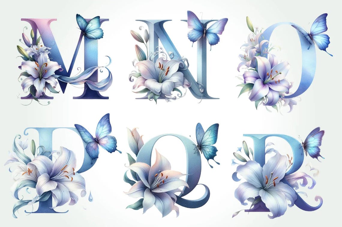36 Blue Floral Monogram Alphabet Clipart Bundle PNG | Elegant Flower ...