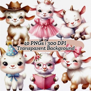 10 Cute Baby Goat Clipart Bundle PNG | Farm Animal Illustrations for Kids Crafts, Nursery Decor, Invitations & Sublimation V59