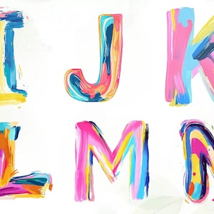 Pode incluir: Letras pintadas abstratas I, J, K, L, M e N em cores vibrantes. Cada letra é criada com pinceladas grossas em tons de rosa, azul, amarelo e laranja, sobre um fundo branco. As letras têm um estilo artístico e decorativo.