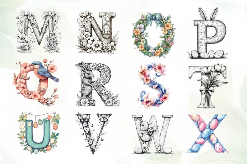 Foral Spring Letters Easter Alphabet Clipart Bundle | Floral Spring Letter PNG (digital ...