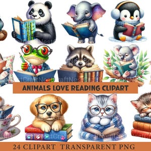 24 Cute Animals Reading Cliparts PNG | Watercolor Book Lover Animals for Nursery Art, Cards & Scrapbooking, Junk Journals V73