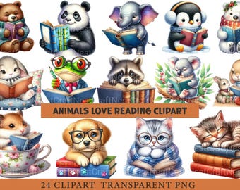 Cute Animals Reading Clipart PNG Bundle, Watercolor Woodland Nursery Wall Art, Book Lover Teacher Sublimation Designs, School Library Decor