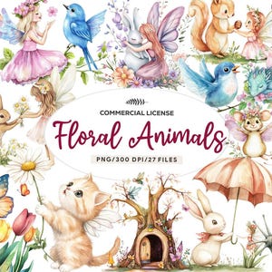27 Floral Garden Fairies & Animals Clipart Bundle, Enchanted Nature PNG, Whimsical Fairy Art, Botanical Wildlife V156