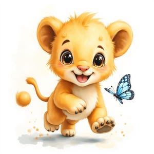 May include: A charming watercolour illustration of a smiling lion cub with big brown eyes and a light orange coat. A blue butterfly with black spots is nearby. The cub is running with its tongue out, and there are small orange paint splatters.