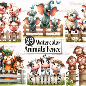 29 Bauernhof Tiere mit Zaun Clipart PNG | Aquarell Barnyard Bundle für Scrapbooking, Aufkleber & Sublimation, Junk Journals V80