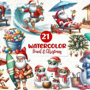 May include: A watercolour illustration showing Santa Claus in beach and Christmas settings. Santa is surfing, relaxing on a beach chair, and with snowmen. The image includes a Christmas tree, surfboards, and beach accessories. The text "21 Watercolor Beach & Christmas" is also present.