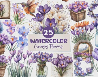 Watercolor Crocus Clipart | 25 Spring Flower PNG Bundle (Digital Download)
