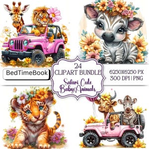 Ensemble de 24 cliparts floraux animaux de safari PNG | Illustrations d&#39;animaux de la jungle à l&#39;aquarelle pour décoration de chambre d&#39;enfant et travaux manuels pour journaux indésirables V74