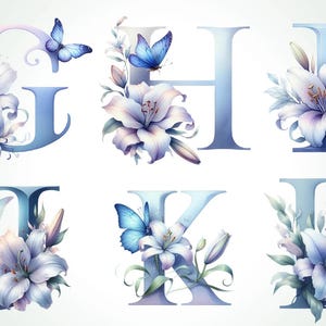 36 blå blommiga monogram alfabet clipartpaket PNG | Eleganta blombokstäver för inbjudningar, bröllopsdekor, scrapbooking, hantverk V21