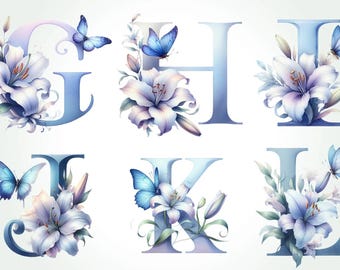 36 Blue Floral Monogram Alphabet Clipart Bundle PNG | Elegant Flower Letters for Invitations, Wedding Decor, Scrapbooking, Crafts V21