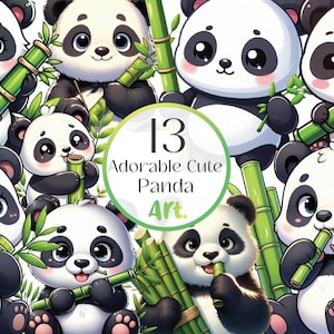 Panda Clipart Bundle | 13 PNG Digital Download | Transparent Background Cute Cartoon Panda Graphics for Sublimation Junk Journals V117