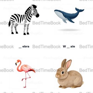 Puede incluir: Hoja de trabajo educativa con ilustraciones de una cebra, una ballena, un flamenco y un conejo. La tarea es completar los nombres de los animales. El título dice: "Identifica la imagen y completa sus nombres."