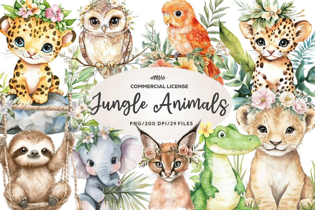 Watercolor Jungle Animals Clipart | Boho Safari PNG Bundle (digital ...