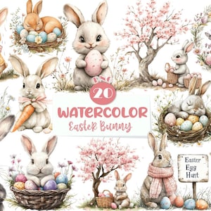 20 Watercolor Easter Bunny Clipart PNG | Cute Rabbits for Cards, Party Decor, Invitations & Spring Crafts, Junk journals V69