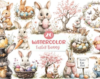 20 Watercolor Easter Bunny Clipart PNG | Cute Rabbits for Cards, Party Decor, Invitations & Spring Crafts, Junk journals V69