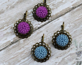 SALE- Dahlia Flower Earrings, Dainty Dangle Earring, Violet Gray Earrings, Vintage Earrings, Bridesmaid Gifts, Gift For Her