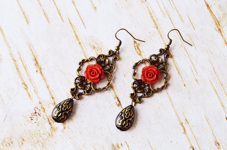 Red Rose Flower Earrings Dainty Dangle Drops Earrings Etsy