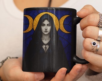 stained glass effect witchy coffee mug, triple moon goddess witch mug, gift for witches