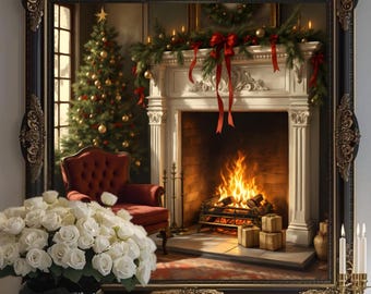 fireplace scene, festive wall print, holiday digital art, Printable winter home decor.