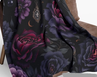 Black floral bedroom throw, gothic blanket, dark academia winter home decor,