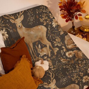 Forest animals woodland throw, boho style housewarming blanket, cozy nature decor,rustic home accessory