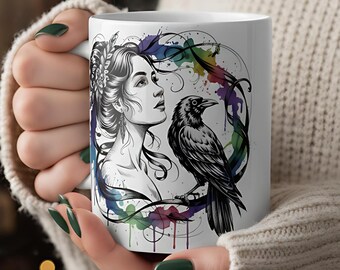Morrigan mug, raven coffee cup,witchy gift for her, ceramic gothic mug