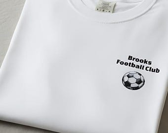 Football club tee, personalized soccer shirt with custom embroidery, sports apparel.