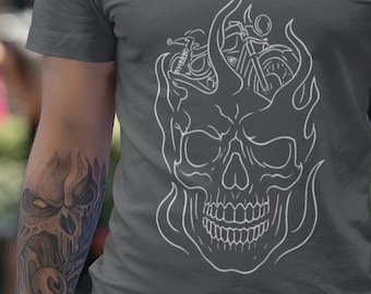 Motorcycle tshirt, Unisex Soft Cotton, Biker apparel, Flame skull tee.