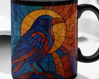 stain glass effect crow coffee mug, raven gift, witchy coffee mug.