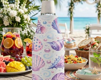 Funda para botella estilo boho con conchas marinas, enfriador de cerveza para festivales, ideas para regalos de boda.