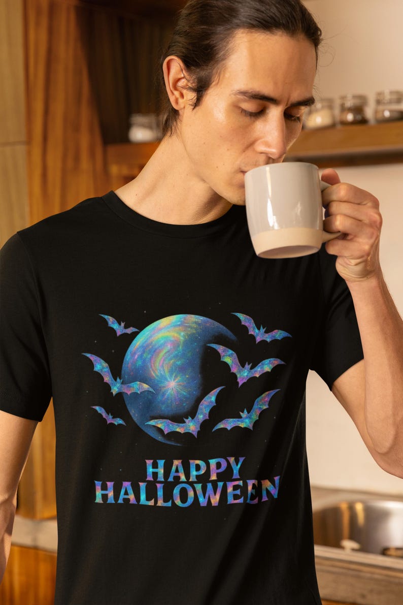 holographic design halloween bat shirt, spooky graphic tee, unisex halloween tee image 11