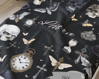Skulls and Roses Velveteen Blanket, Personalized, Gothic Couch Throw, Dark Academia alternative gifts.
