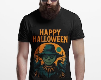 May include: Black t-shirt with a Halloween-themed graphic. The design features a scarecrow with a green face and a hat, set against an orange background with the words "HAPPY HALLOWEEN" in orange.