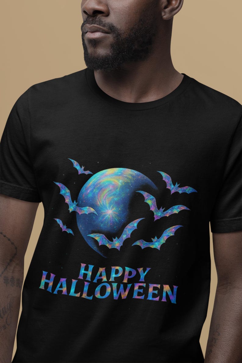 holographic design halloween bat shirt, spooky graphic tee, unisex halloween tee image 6