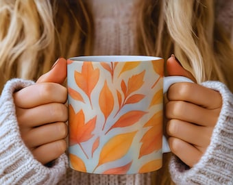 Fall leaf gift, Ceramic Thanksgiving mug, autumn coffee cup, autumnal décor.