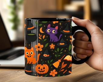Cute Halloween Mug, Black Cat Pumpkin Mug, Funny Cat Mug, Spooky Mug, Witchy Mug, Cat Dad Mug,colourful cat Halloween mug.