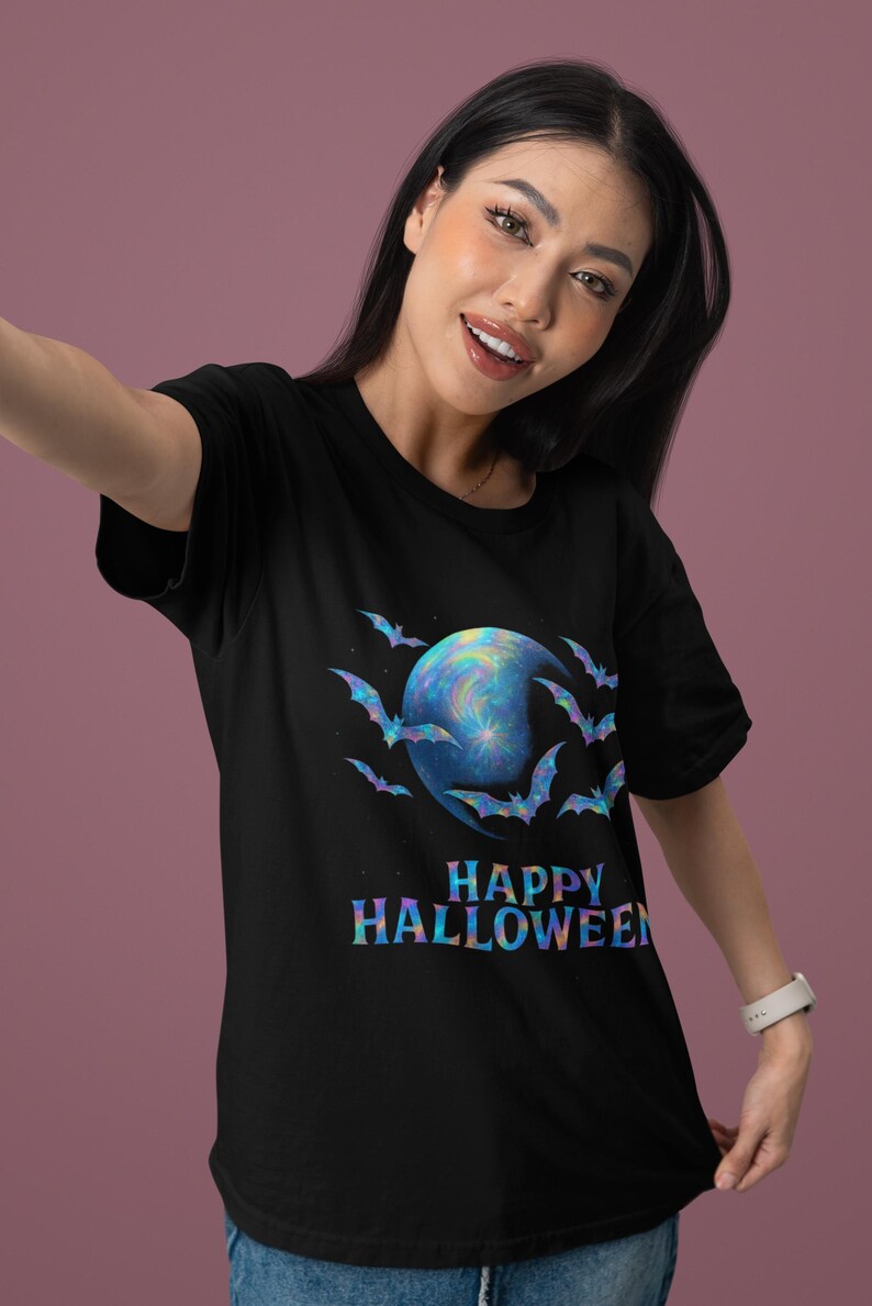 holographic design halloween bat shirt, spooky graphic tee, unisex halloween tee image 8