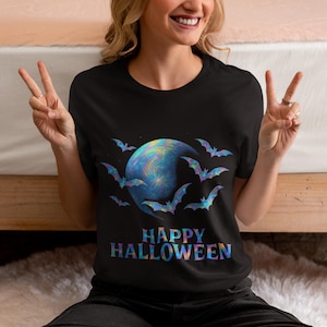holographic design halloween bat shirt, spooky graphic tee, unisex halloween tee image 1
