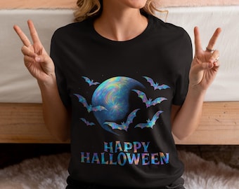 holographic design halloween bat shirt, spooky graphic tee, unisex halloween tee