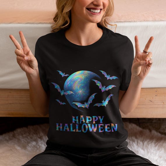 holographic design halloween bat shirt, spooky graphic tee, unisex halloween tee