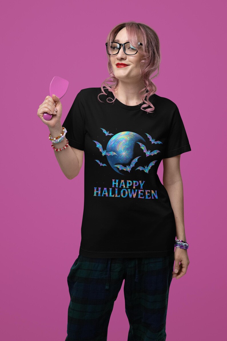 holographic design halloween bat shirt, spooky graphic tee, unisex halloween tee image 10