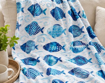 Manta costera para casa de playa, decoración para casa de lago, manta con estampado de peces, regalo para amantes del océano