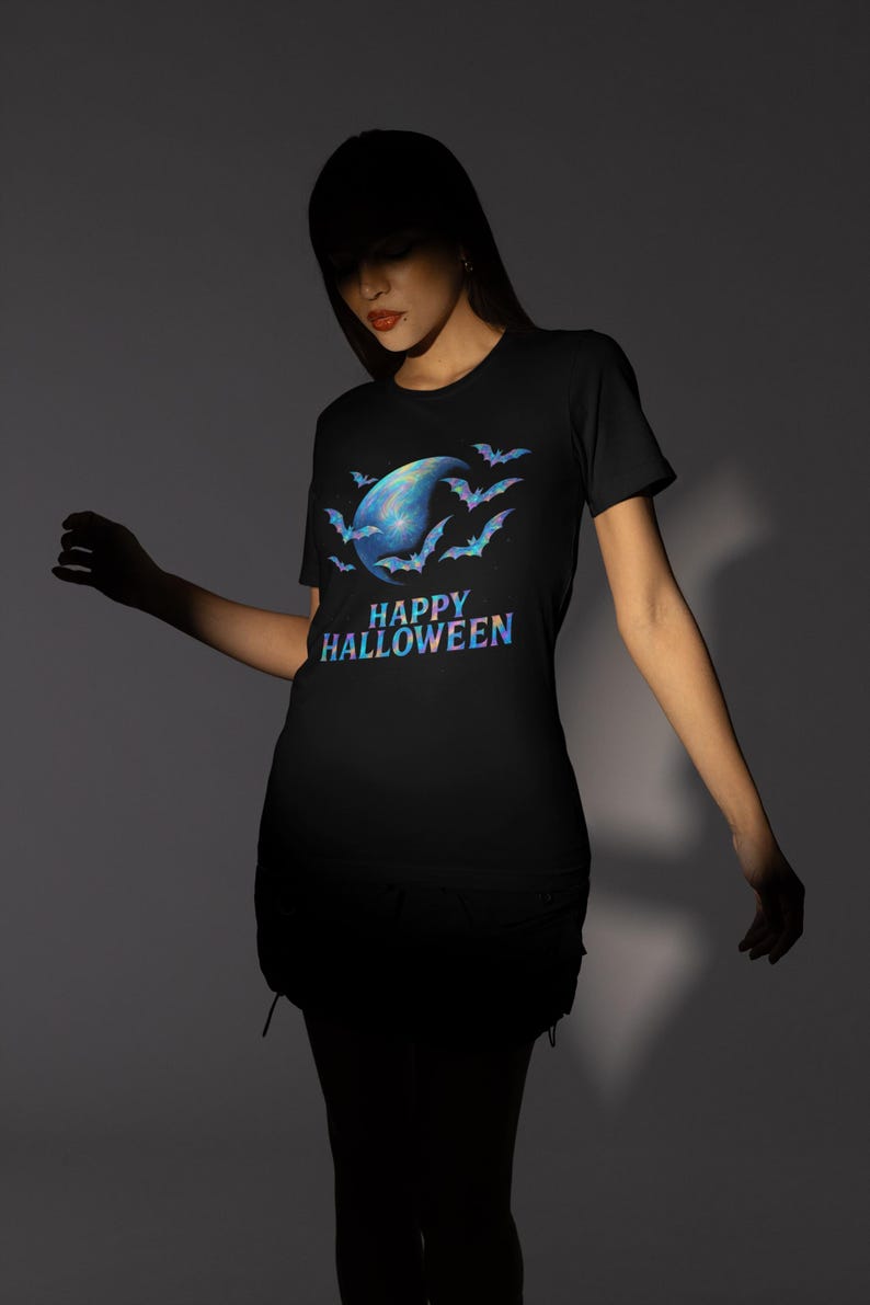 holographic design halloween bat shirt, spooky graphic tee, unisex halloween tee image 7