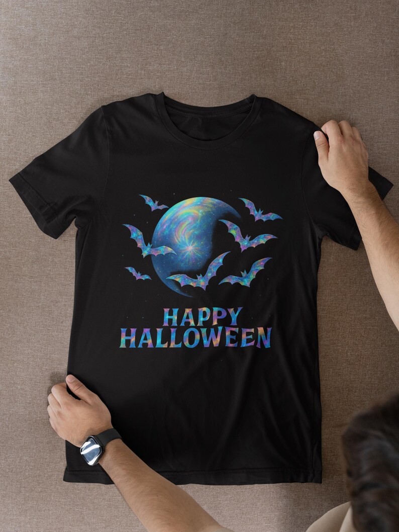 holographic design halloween bat shirt, spooky graphic tee, unisex halloween tee image 9