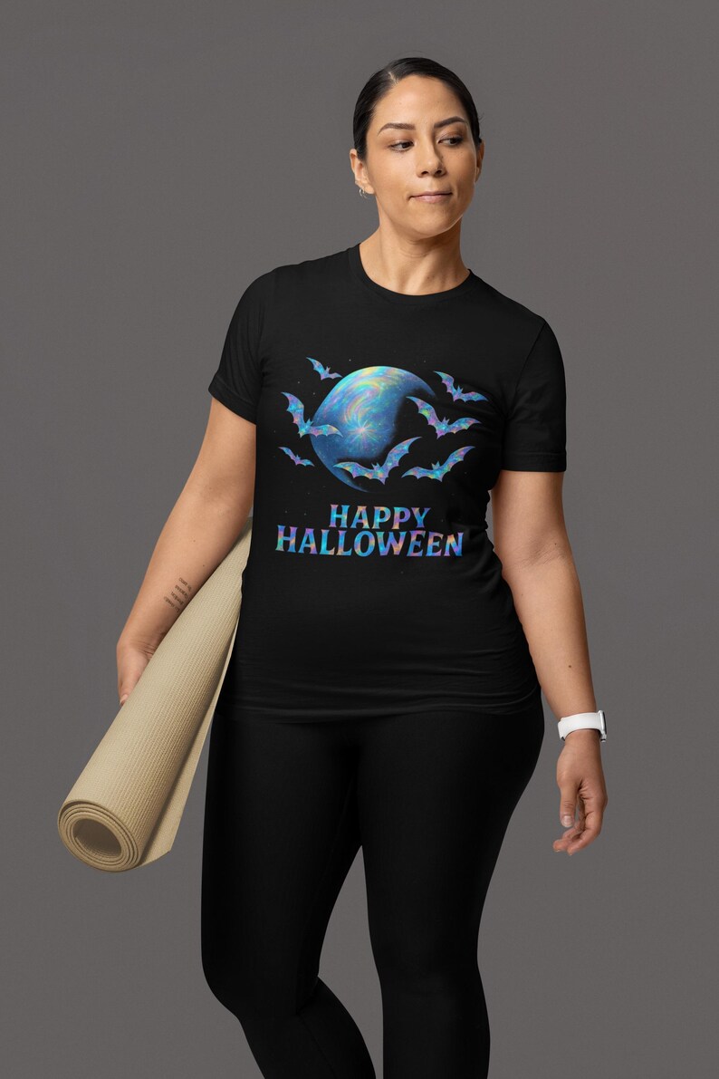 holographic design halloween bat shirt, spooky graphic tee, unisex halloween tee image 5