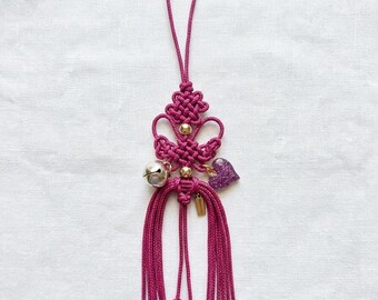 Cosplay Korean Knots Keychain Norigae Pink with Gold Bell, Heart Charm Accent