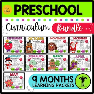 May include: A colorful preschool curriculum bundle with the text "Preschool Curriculum Bundle." The image features monthly learning packets for September through May, each with themed illustrations and the text "9 Months Learning Packets."